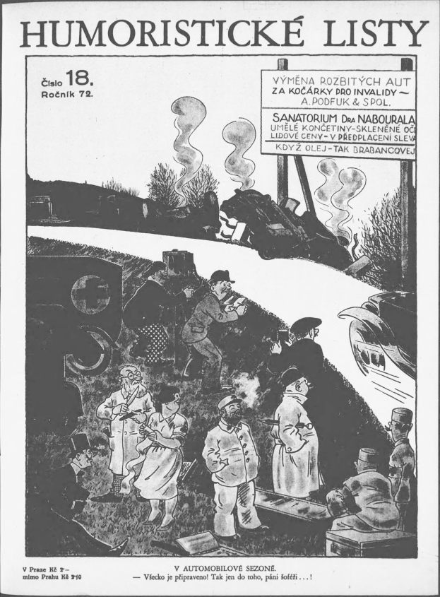 Schwarzer und weißer Cartoon von Menschen, die auf einen Zug schauen mit "humoristische liste 18" darauf geschrieben.