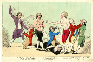 Eine politische Karikatur, die eine Gruppe von Menschen in verschiedenenfarbigen Kleidern zeigt, wobei eine Person in der Mitte auf dem Boden liegt, und der Text "Der politische Wettbewerb" unten steht.