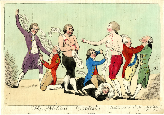 Eine politische Karikatur, die eine Gruppe von Menschen in verschiedenenfarbigen Kleidern zeigt, wobei eine Person in der Mitte auf dem Boden liegt, und der Text "Der politische Wettbewerb" unten steht.