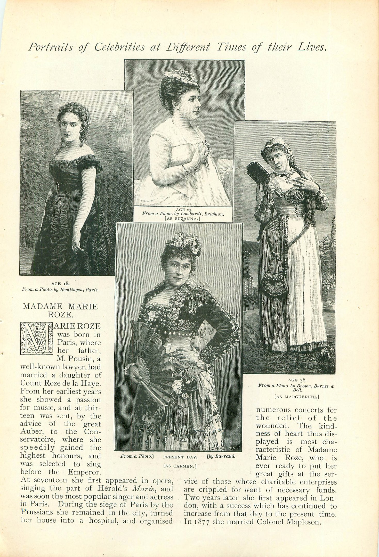 Ein altes Buch mit dem Titel "Porträts von Prominenten zu verschiedenen Zeiten ihres Lebens" mit einer Illustration einer Frau in einem hochgeschlossenen, langärmligen Kleid und einem Dutt.