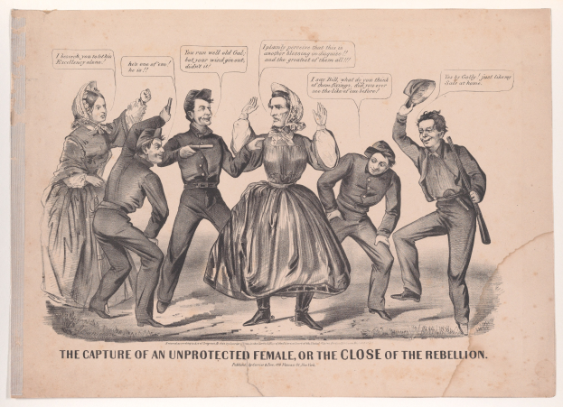 Eine historische Illustration mit dem Titel "Die Gefangennahme einer ungeschützten Frau oder das Ende der Rebellion", die besorgte Menschen zeigt, einige schauen ängstlich nach oben und andere niedergeschlagen nach unten.