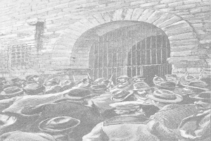 Schwarz-weiß-Zeichnung einer Menge vor einer Backsteinwand mit einem Fenster und Gittern, betitelt mit 'Victor Hugo Münster's Hinrichtung im Gefängnis von 1892'.