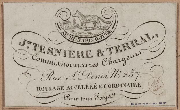 Alte Visitenkarte mit einem Hund in der Mitte und Text darauf.