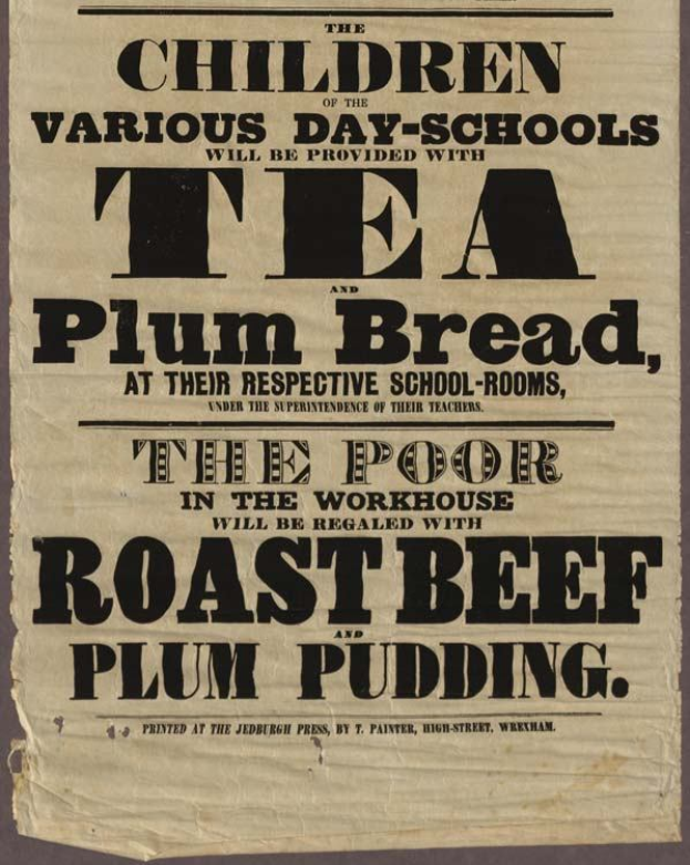 Ein Blatt Papier mit der Aufschrift "Die Kinder der verschiedenen Tagesschulen werden mit Tee, Pflaumenbrot und Roastbeef und Pflaumenpudding versorgt"