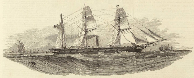 Gravur eines detaillierten Segelschiffs mit geblähten Segeln und einem glänzenden Rumpf, das auf dem Meer segelt, mit anderen Schiffen im Hintergrund und Text am unteren Rand.