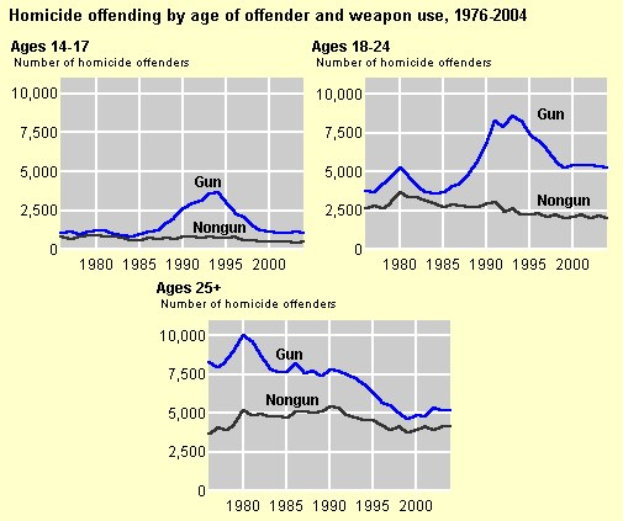 Grafik, die die Tötungsdelikte nach Alter des Täters und Waffe von 1976 bis 2004 zeigt, mit begleitendem erklärendem Text.