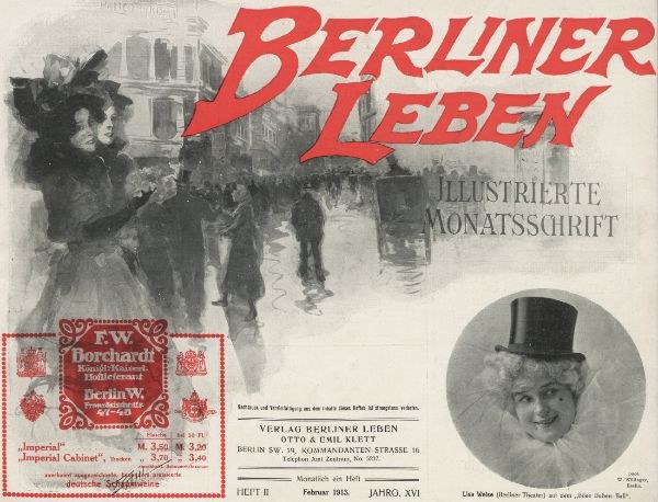 Plakat für das Berliner Leben Theater, das eine Frau in einem Zylinder und einen Mann in einem Anzug zeigt, mit Text, einem Stempel, Menschen und Gebäuden im Hintergrund.